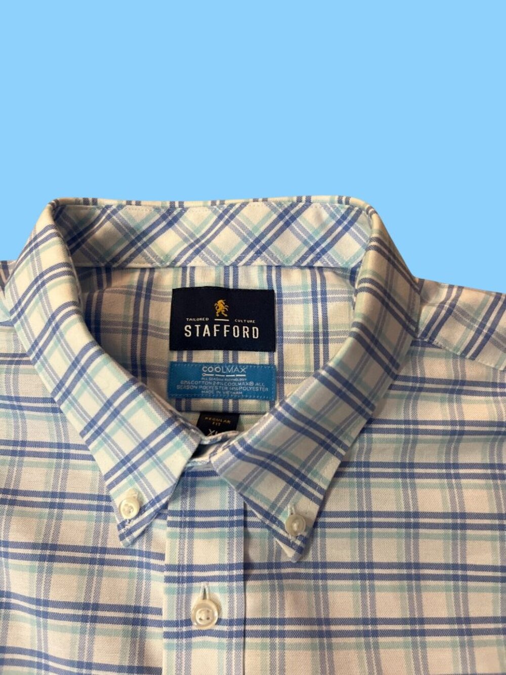 Stafford Coolmax Mens XL 17-17.5 Plaid Button Down Shirt Blue Regular Fit Used